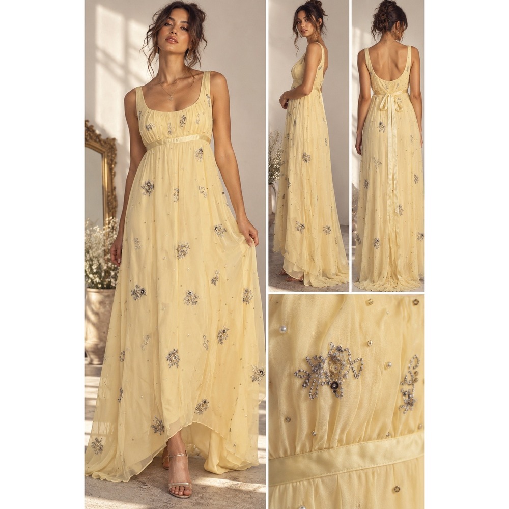 Laundry by Shelli Segal Size 10 Yellow Silk Beaded Sequin Hi Low Maxi Dress